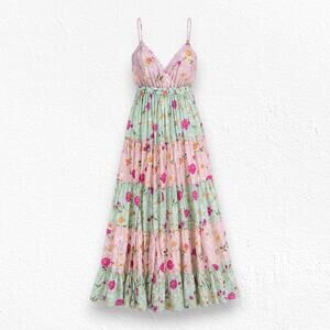 Raga Floral Tiered Maxi Dress Pink Mint Smocked Back Boho Size XS NWT R1665